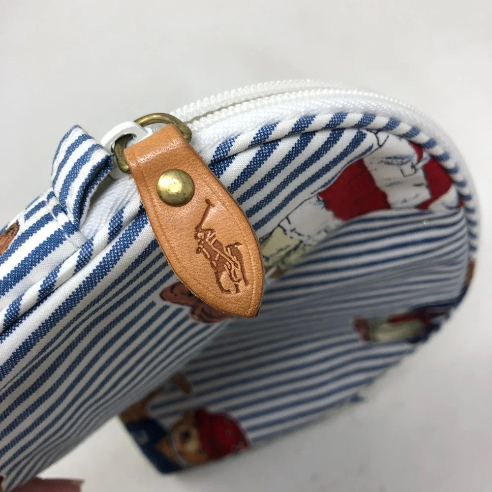 Vintage Ralph Lauren Polo Bear Cosmetic Bag Blue Striped Fabric Pouch